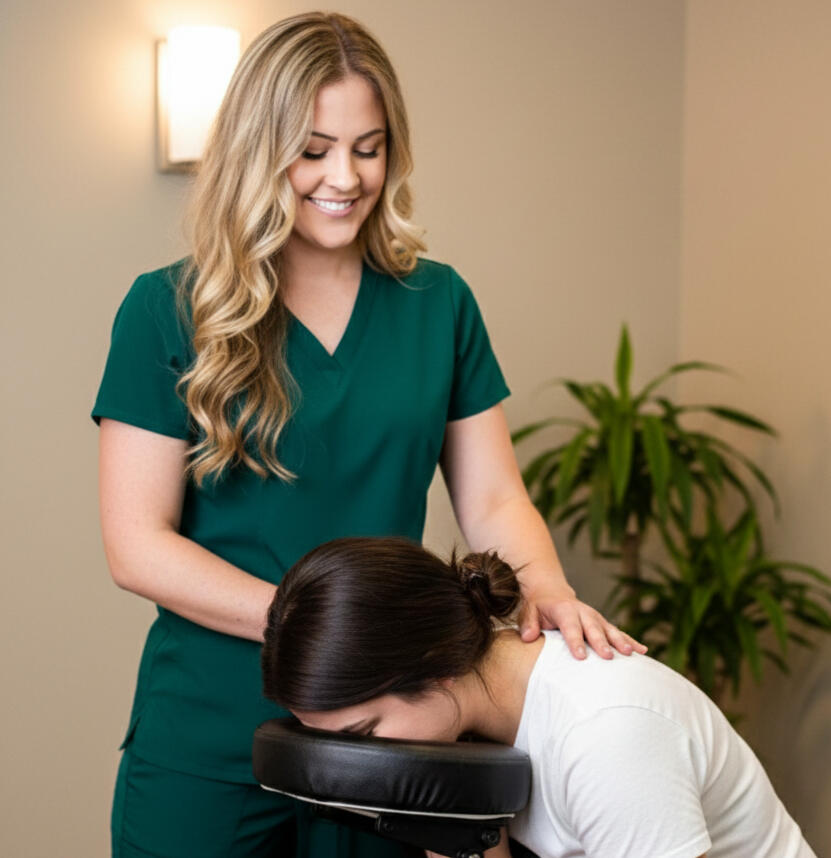 Licensed massage therapist providing chair massage at a corporate event. Trisha in green scrubs with a massage client